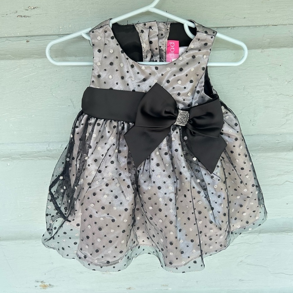 NWT Baby Girl Black & Grey Glitter Ball Gown Dress Size 6 Month Tulle Polka Dots